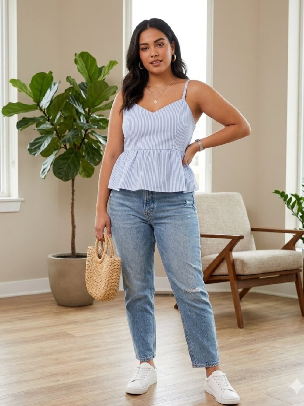 Baby Blue Striped Babydoll Y2k Peplum Poplin Top Smocked Back Adjustable Strap M